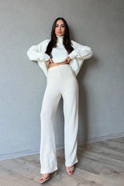 Bej Pullu Beli Lastikli Astarlı Triko Pantolon SY-1324-Bej