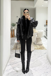 Suni deri kürk yakalı ceket SY-3568