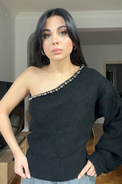 Siyah Tek Omuz Boncuk Detay Triko Kazak SY-2815-Siyah