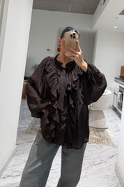 Fırfırlı Kahverengi Tül Bluz SY-3533-Kahverengi