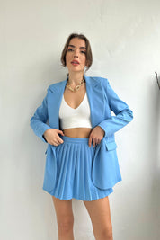 Mavi Oversize Ceket ve Önü Pileli Şort Etek Takım SY-0052-Mavi