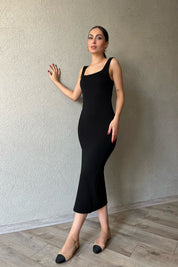 Siyah Kare Yaka Midi Elbise SY-1646-Siyah