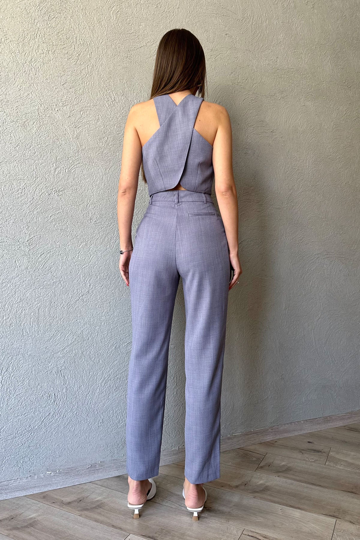 Gri Özel Tasarım Crop ve Pileli Bol Kesim Pantolon Takım SY-0511-Gri