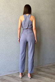 Gri Özel Tasarım Crop ve Pileli Bol Kesim Pantolon Takım SY-0511-Gri