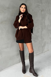 Kahverengi Kısa Kollu Şal Detay Oversize Kazak SY-2818-Kahverengi