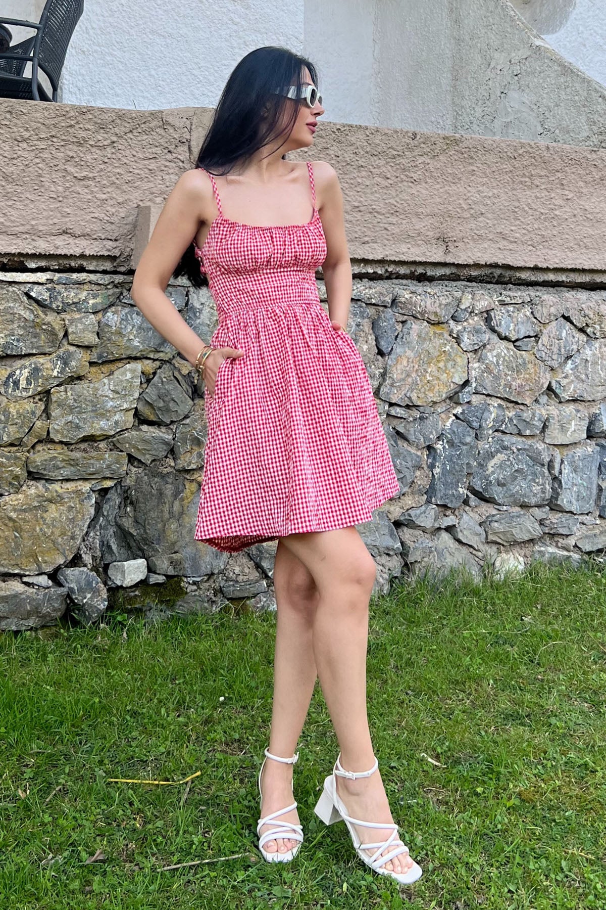 Kırmızı Sırt Detaylı Pöti Kareli Mini Elbise SY-2051-Kırmızı