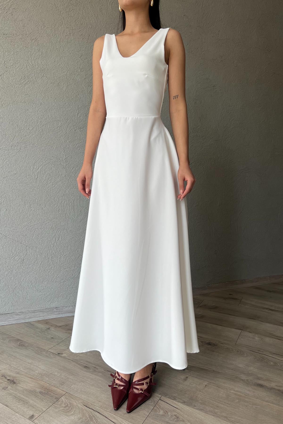 Ekru Kalın Askı Detaylı Kloş Elbise SY-1988-Ekru