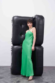 Yeşil Boyun Bağlamalı Saten Elbise SY-1794-Yeşil