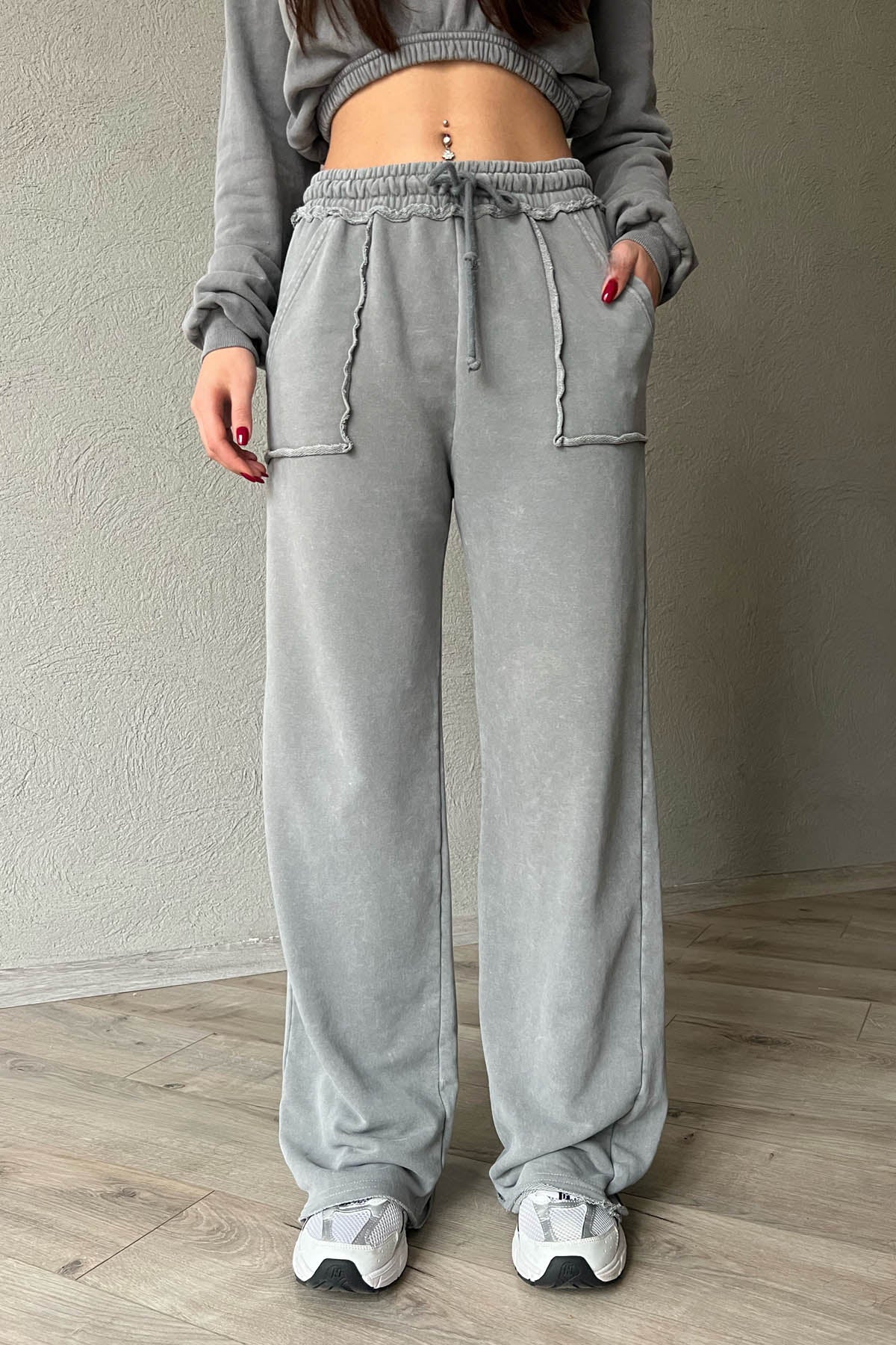 Gri Bol Paça Cep Detaylı Eskitme Eşofman Altı SY-1684-Gri