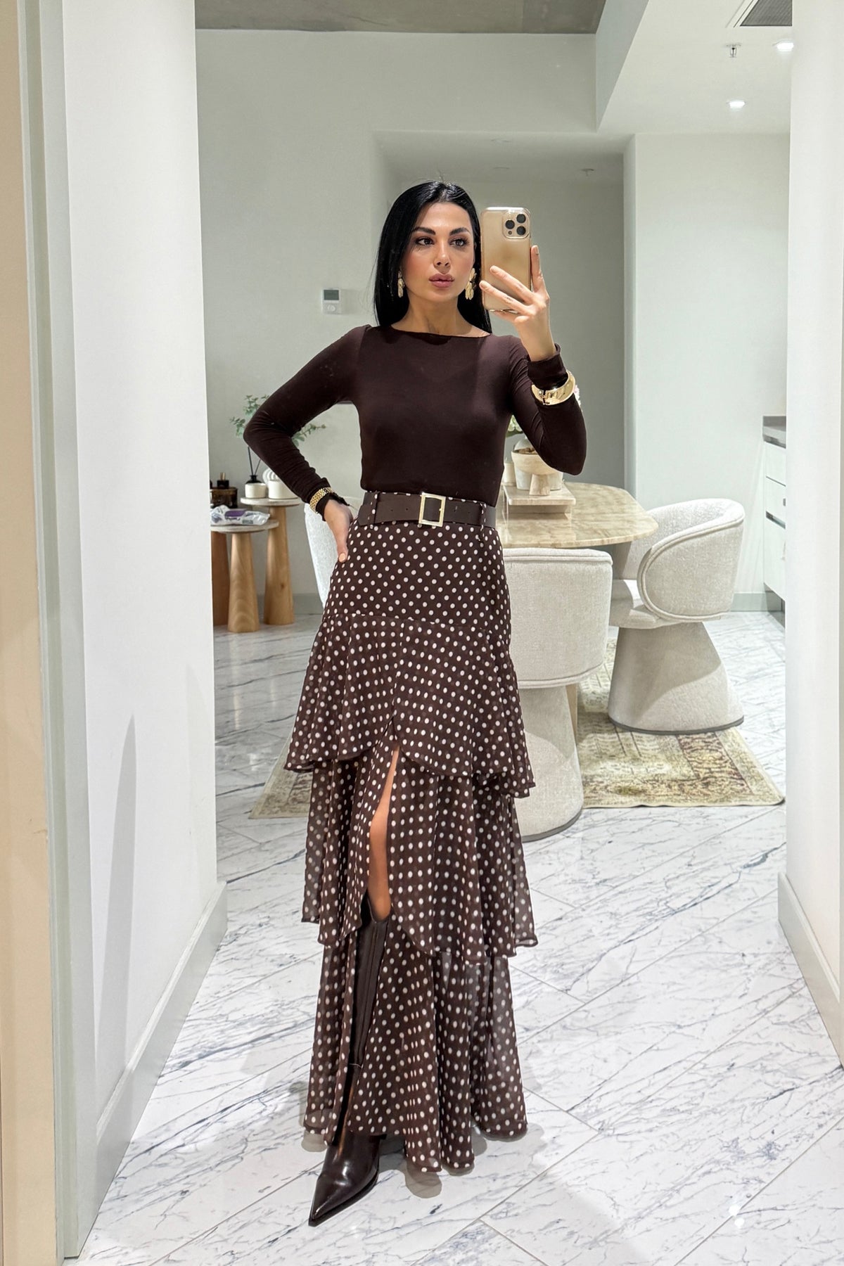 Kahverengi Puantiyeli Fırfırlı Kat Kat Kemerli ETek SY-3525-Puantiyeli