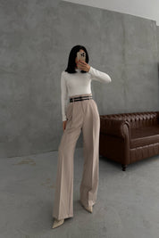 Bej Çift Kemerli Premium Palazzo Pantolon SY-3471-Bej