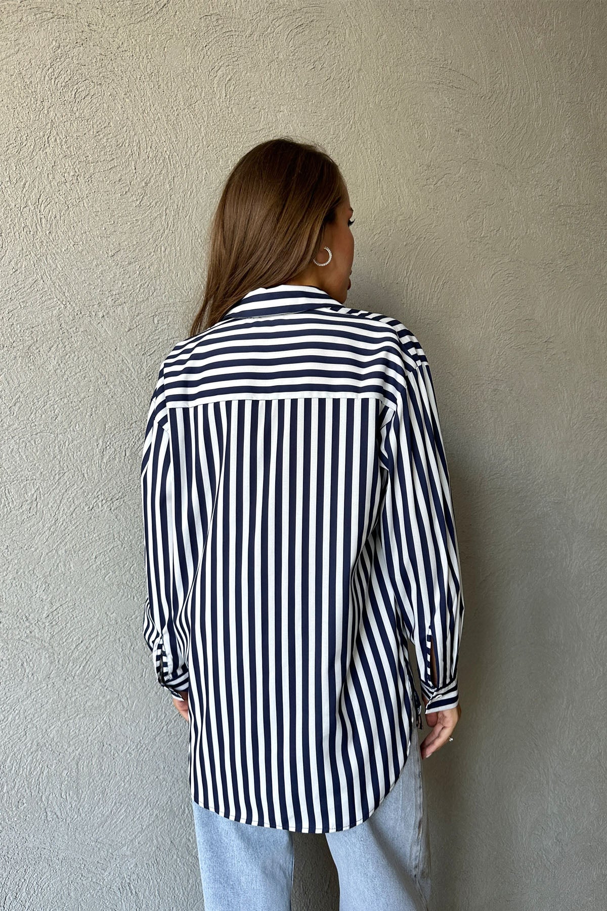 Lacivert Çizgili Oversize Cep Detaylı Gömlek SY-0969-Lacivert