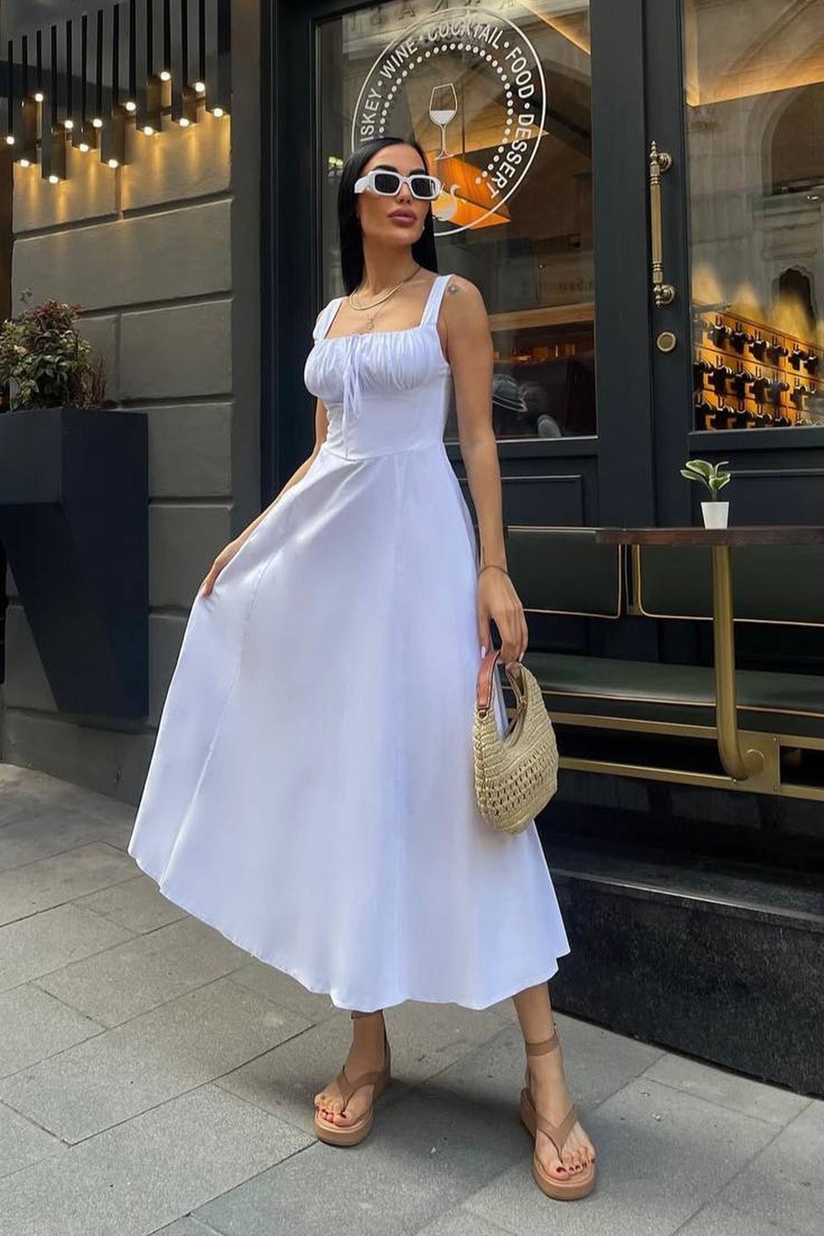 Kadın Beyaz Korse Görünümlü Poplin Midi Elbise SY-3157-Beyaz