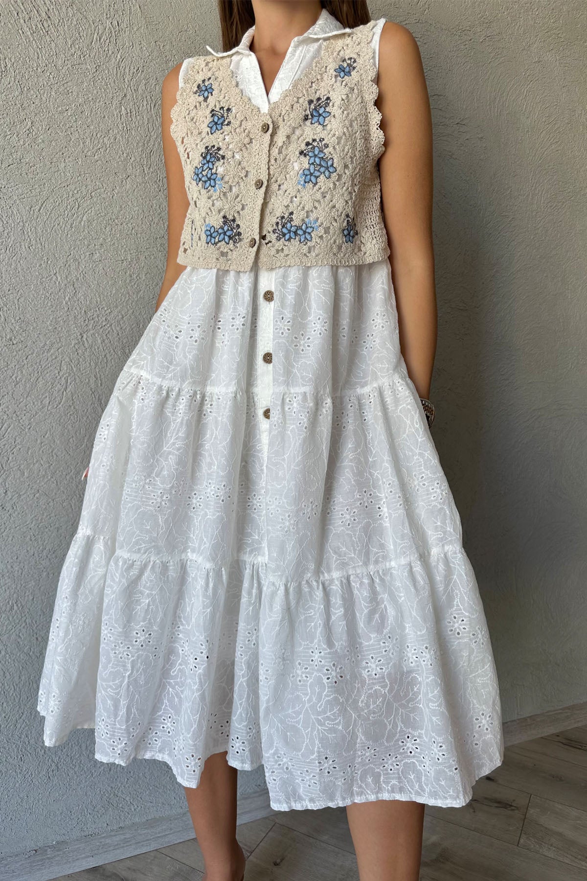 Beyaz Önü Düğmeli Triko Gömlek Detay Fisto Elbise SY-0738-Beyaz