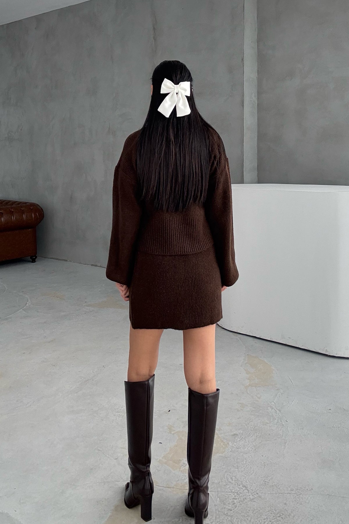 Kahve Kırçıllı Etek Hırka Triko Takım SY-3455-Kahve