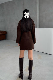 Kahve Kırçıllı Etek Hırka Triko Takım SY-3455-Kahve