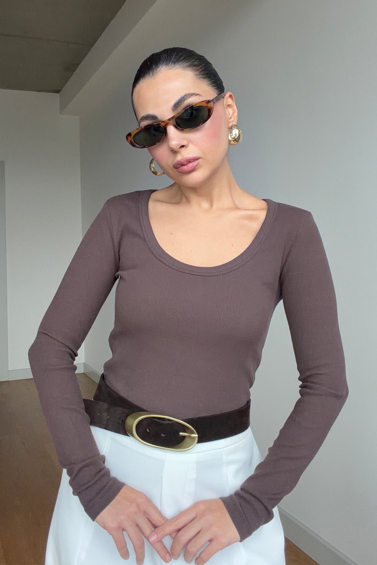 Uzun Kollu Fitilli Derin Bisiklet Yaka Kahverengi Body SY-3412-Kahverengi