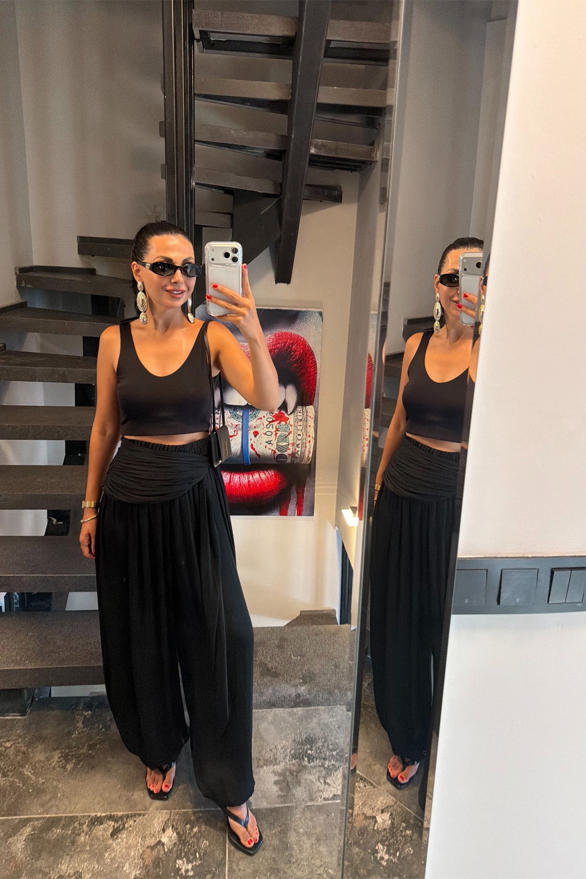 Siyah Kuşak Detaylı Dökümlü Şalvar Pantolon SY-3781-Siyah