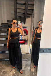 Siyah Kuşak Detaylı Dökümlü Şalvar Pantolon SY-3781-Siyah