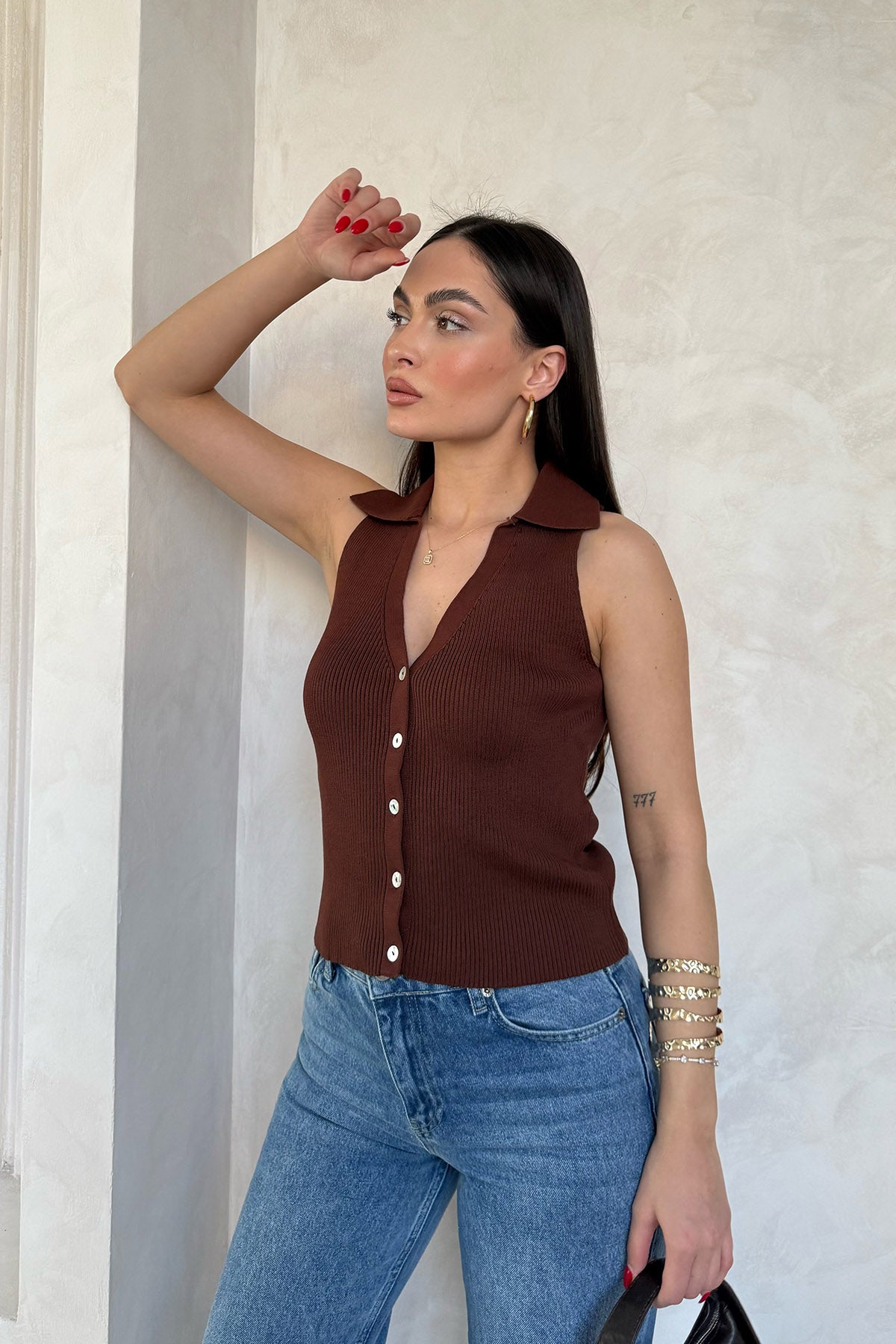 Kahverengi Sya Polo Yaka Triko Yelek SY-3081-Kahverengi