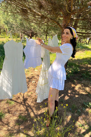 Beyaz Dantel Detaylı Vintage Mini Elbise SY-2113-Beyaz