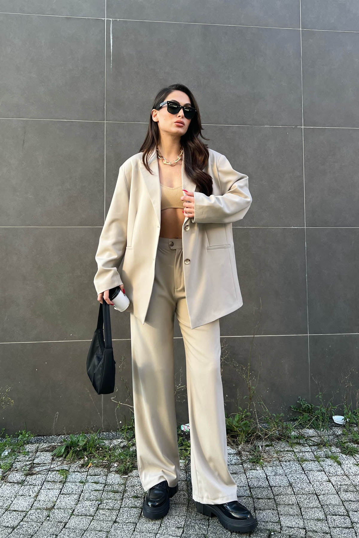 Önü Pileli Bej Palazzo  Pantolon SY-1605-Bej