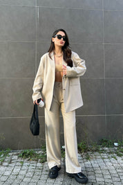 Önü Pileli Bej Palazzo  Pantolon SY-1605-Bej