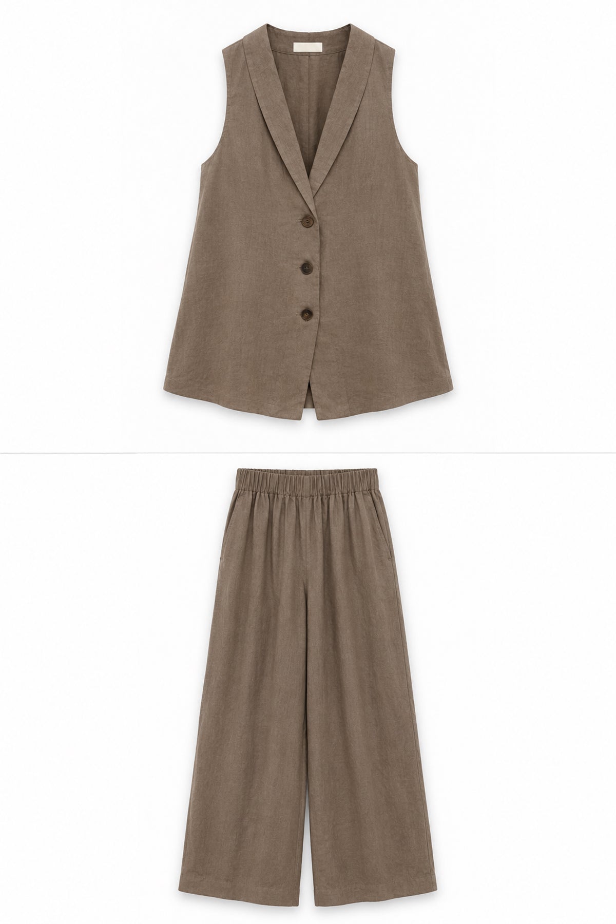 %100 Keten Kahverengi Yelek Pantolon Takım SY-3763-Kahverengi
