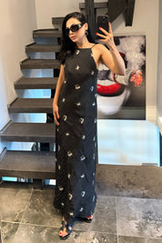Halter Yaka Nakış İşlemeli Siyah Elbise SY-3702-Siyah