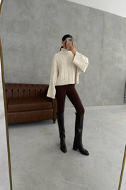 Ekru Saç Örgü Boğazlı Kazak SY-3461-Ekru