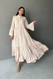 Hakim Yaka Düğmeli Uzun Dokuma Bej Elbise SY-3034-Bej