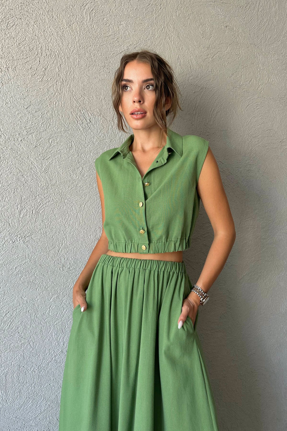 Yeşil Keten Gold Düğmeli Bluz ve Etek Takım SY-0759-Yeşil