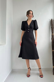 Siyah İnci Düğme Detay Elbise SY-0351-Siyah