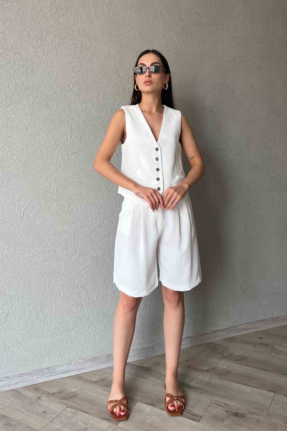 Beyaz Krep Yelek Bermuda Şort Takım SY-1998-Beyaz