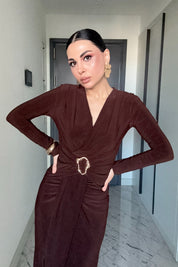 Kruvaze Yaka Uzun Kol Tokalı Kahve Elbise SY-3520-Kahve