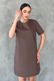 Kahve Taş Baskılı Kısa Kollu Elbise SY-2812-Kahve