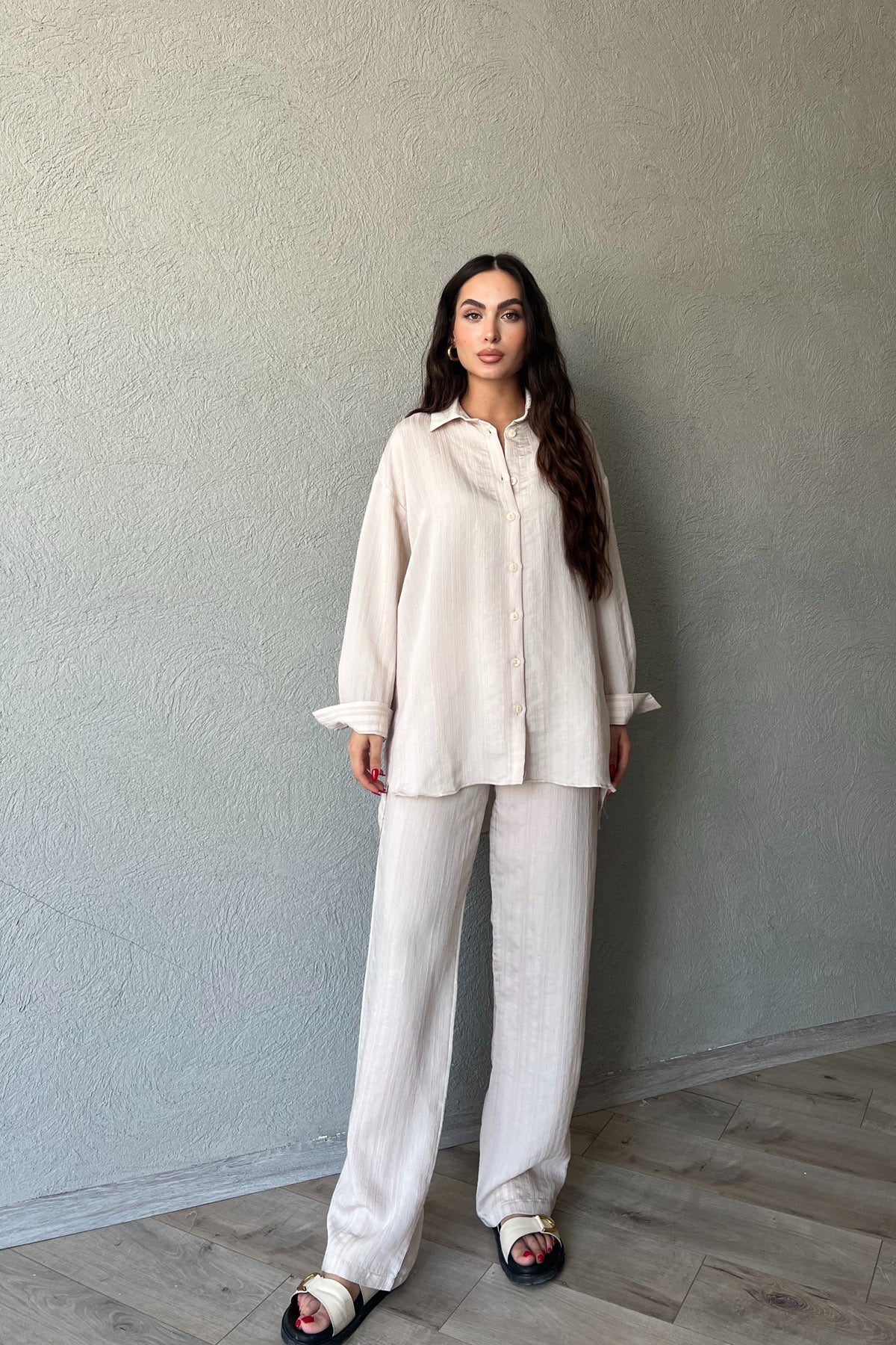 Bej Oversize Free Gömlek Pantolon Takım SY-2138-Bej