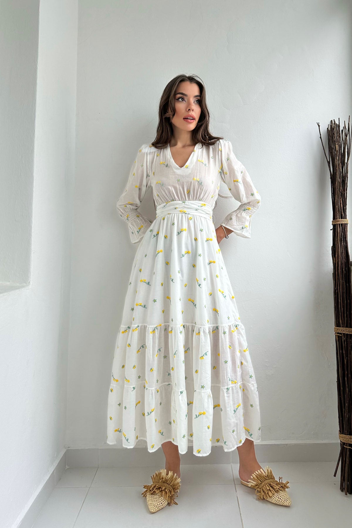 Sarı Çiçek Nakışlı Gipeli Elbise SY-0347-Sarı