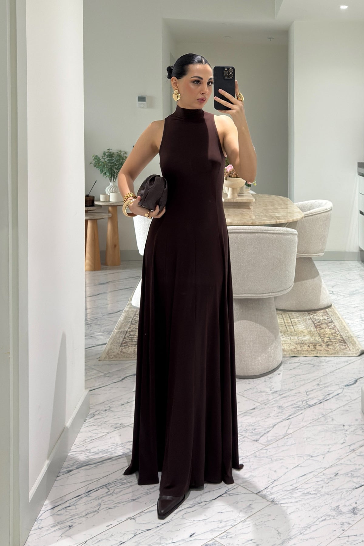 Acı Kahverengi Balıkçı Yaka Maxi Boy Dökümlü Şık Kadın Elbise SY-3632-Kahverengi