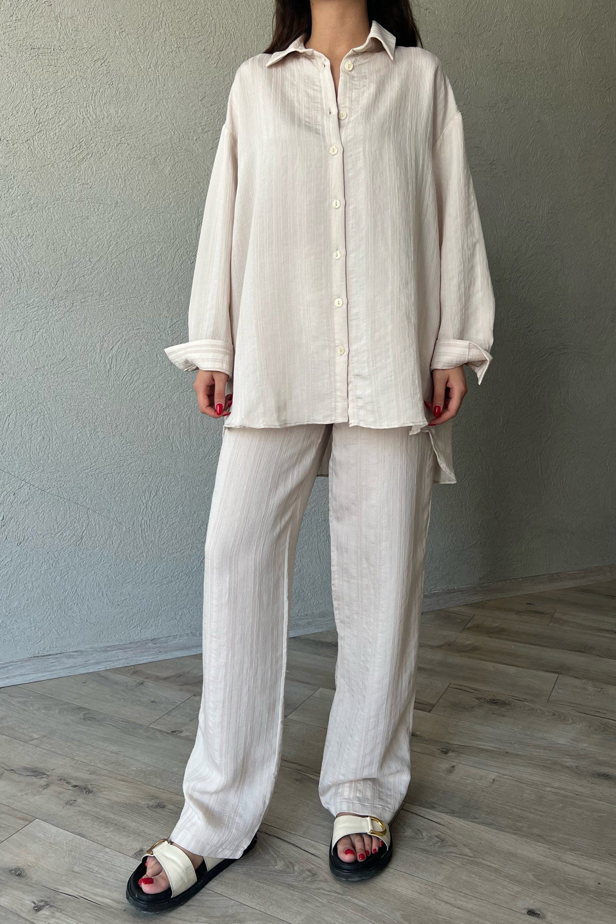 Bej Oversize Free Gömlek Pantolon Takım SY-2138-Bej