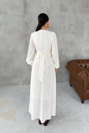 Ekru Gofre V Yaka Uzun Elbise SY-3031-Ekru
