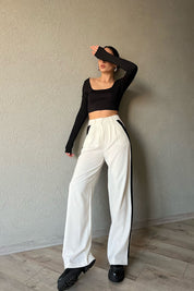 Beyaz Önü Pileli Yandan Şerit Geçişli Palazzo Pantolon SY-1228-Beyaz