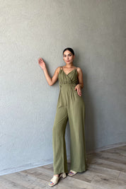 Haki Çapraz Yaka Düğme Detaylı İp Askılı Tulum SY-2306-Haki