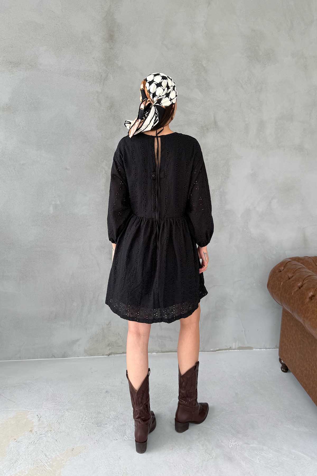 Siyah Brode Midi Boy Elbise SY-3049-Siyah