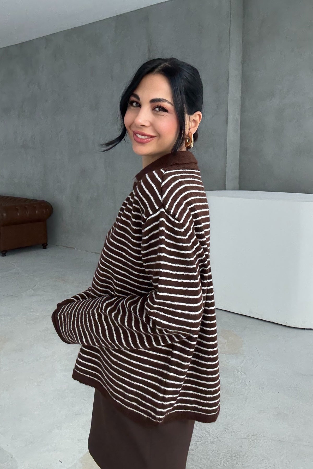 Kahve Çizgili Polo Yaka Triko Kazak SY-3415-Kahve