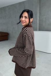 Kahve Çizgili Polo Yaka Triko Kazak SY-3415-Kahve