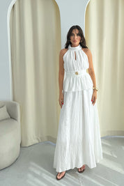 Beyaz Halter Yaka Ponce Bluz Etek Takım SY-3270-Beyaz