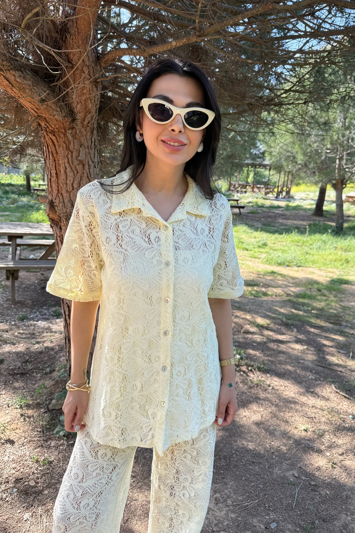 Sarı Dantelli Gömlek Pantolon Takım SY-3145-Sarı