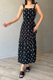 Siyah Desenli Kolu Fırfırlı Bağlamalı Elbise SY-2347-Siyah