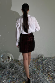 Bordo Payetli Kadife Mini Etek SY-2810-Bordo